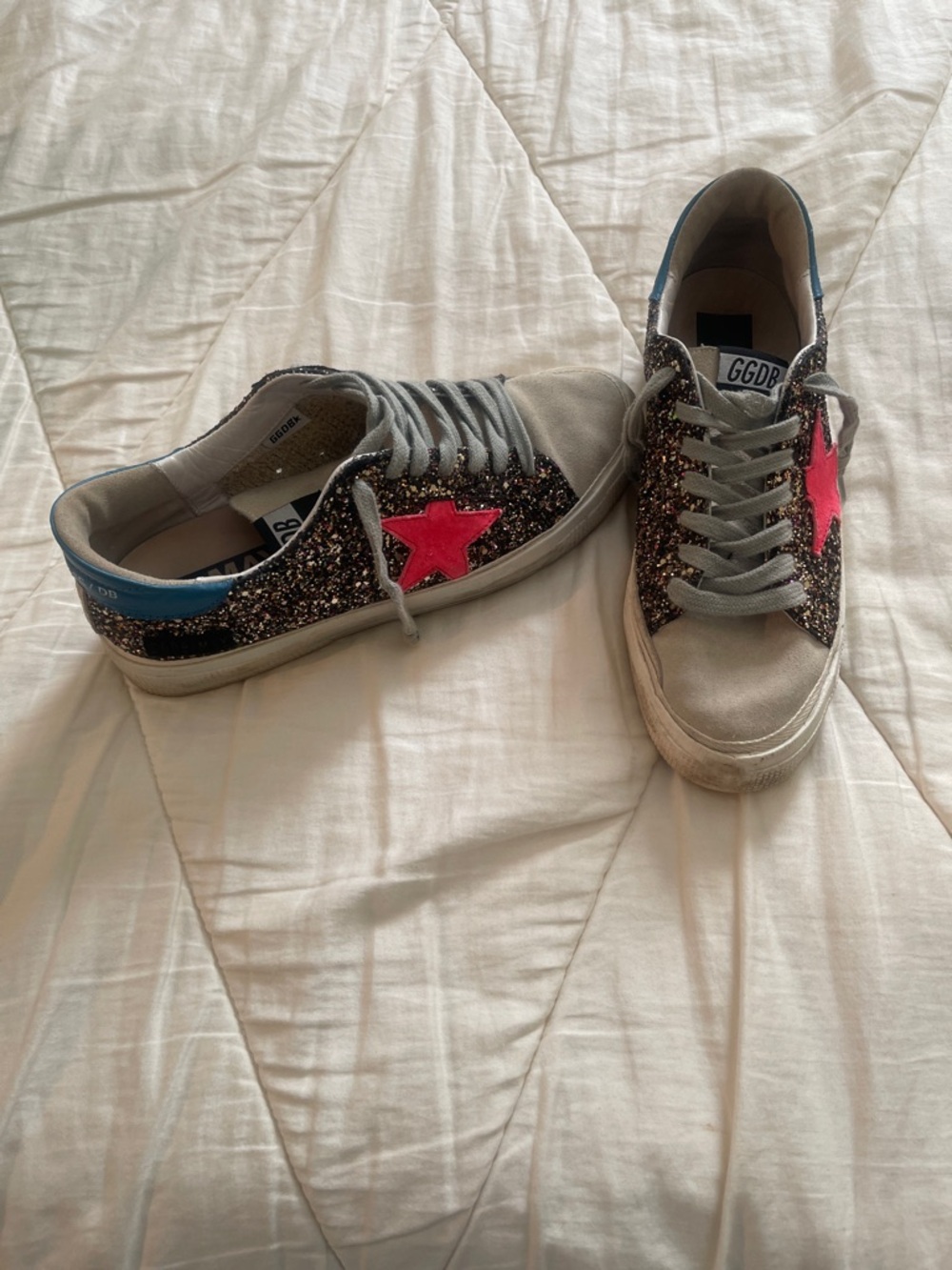 Golden Goose May Multicolor Glitter Sneakers with Blue Heel Tab